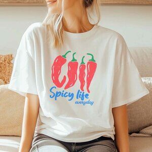 Euro Summer Vintage Style Spicy Life Everyday Retro White Tee Short Sleeve